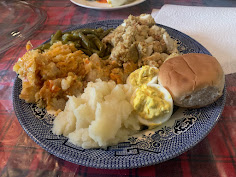Image of dinner with deviled eggs and mashed potatoes