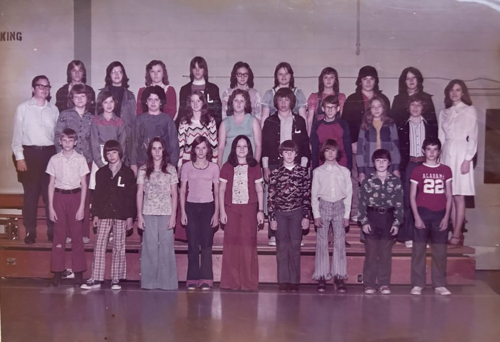 Littleville School 6th Grade Class Picture, 1974. Second Row: Far left, Mr. David Sizemore; far right, Miss Joyce Renwick; second from right, Ugena Whitlock