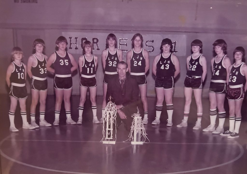 Littleville School "Hornets" Basketball Team, 1974. Center: Mr. Theron Morgan.